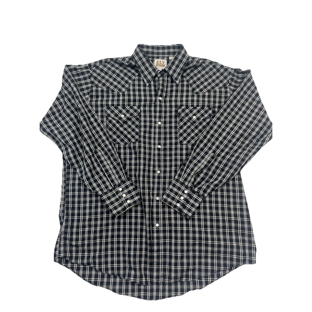 Eli Cattleman Tall Man Pearl Snap Button Western Shirt Black White Plaid XL